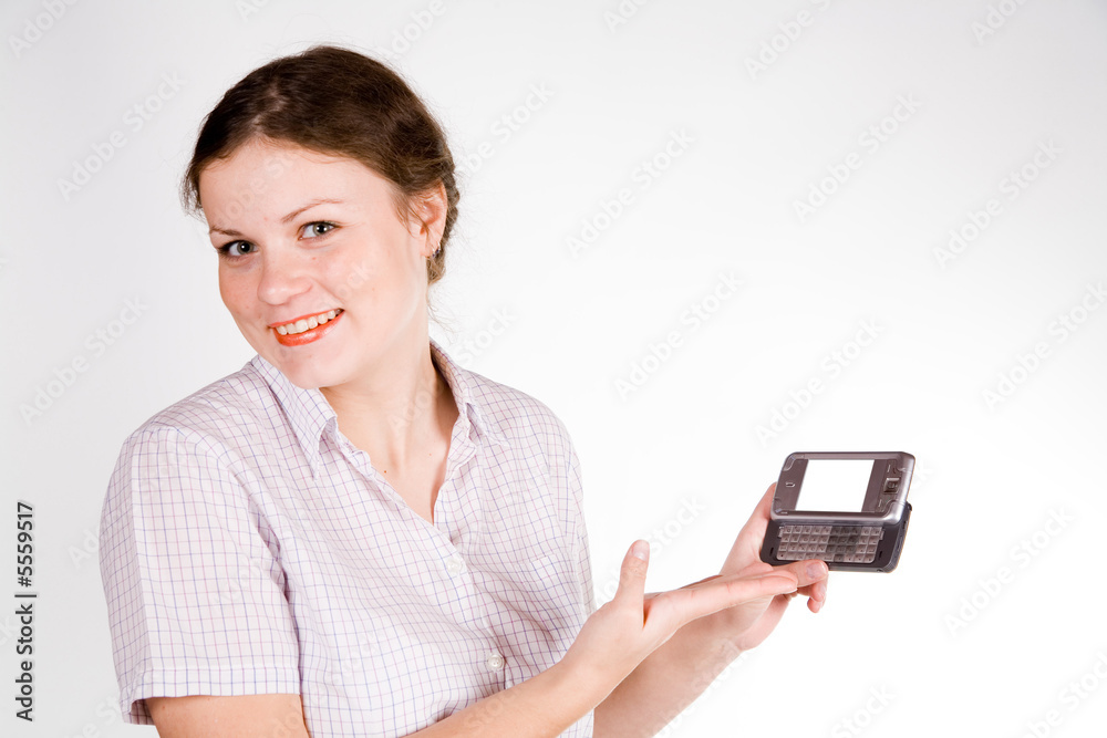 pretty girl with a smartphone on white and grey background pretty girl with a smartphone on white and grey background