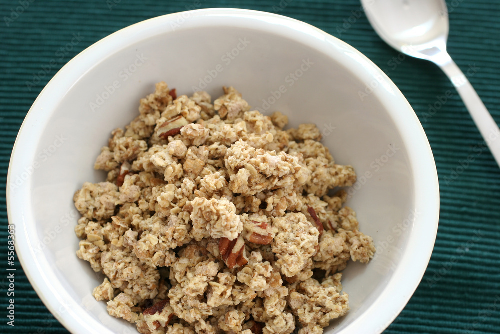 Bowl of crumbly wheat and corn cereal with nutty bits Bowl of crumbly wheat and corn cereal with nutty bits