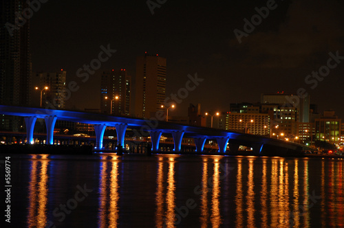 View of Bridge to Port of Miami at Night with Blue Lights.
