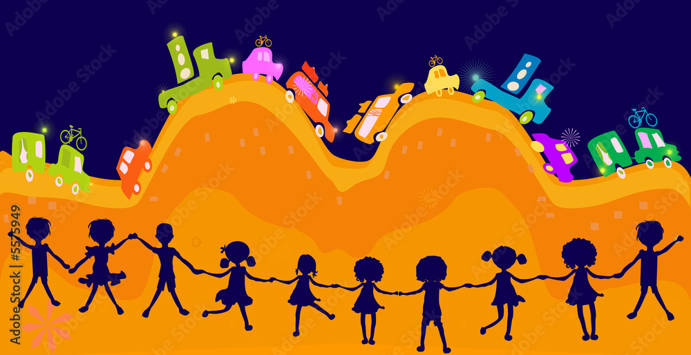 Fototapeta premium cars caravan, silhouettes, group of kids playing in a landscape