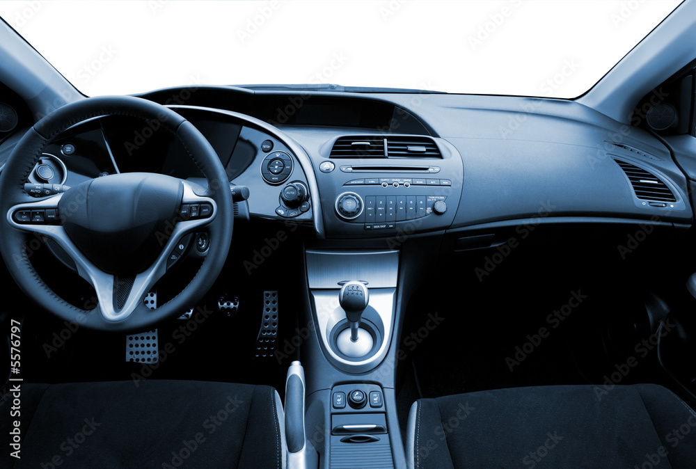 Modern sport car interior toned in blue