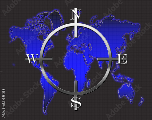 An illustration of a world map featuring a compass