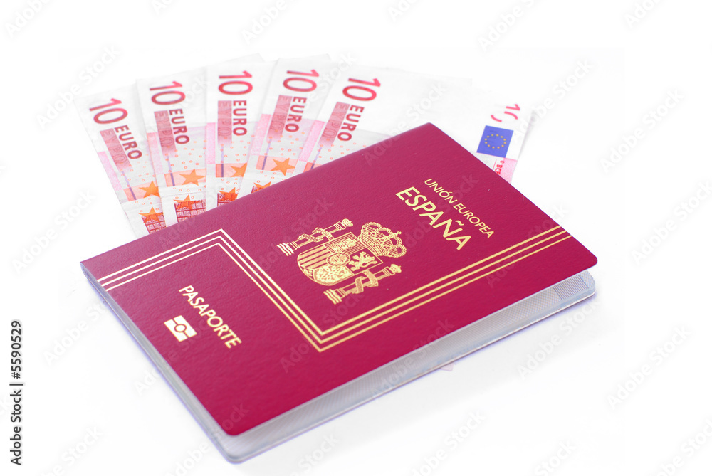 Spanish Passport with 10 curency euro on white background. Spanish Passport with 10 curency euro on white background.