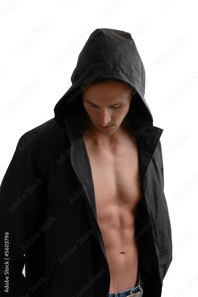 A muscular man in an open hooded jacket