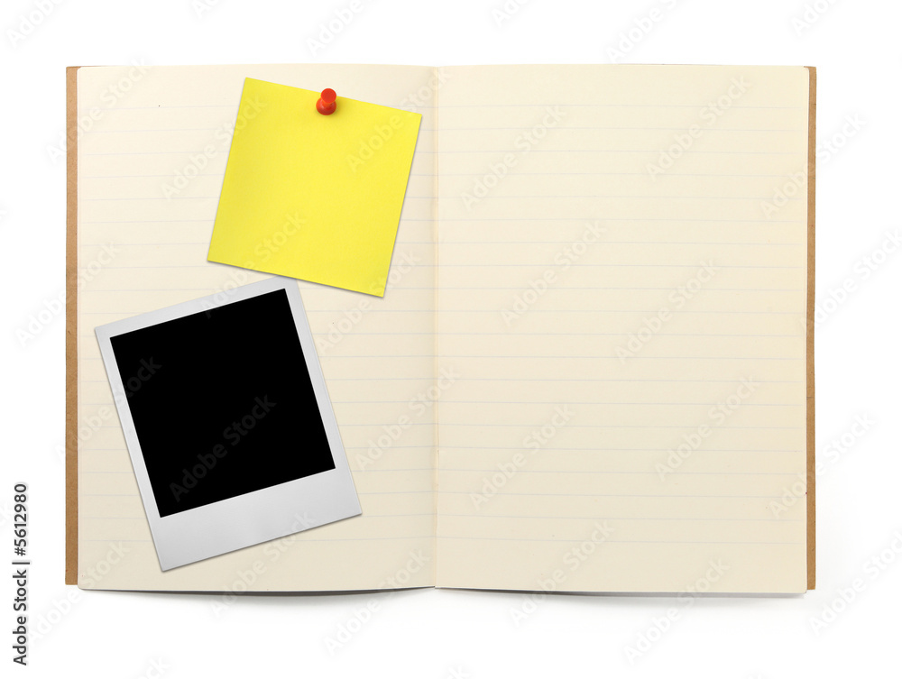 lined exercise book with photo frame and yellow note, lined exercise book with photo frame and yellow note,