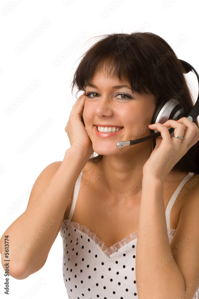 brunette woman in white dress with headset on white background brunette woman in white dress with headset on white background