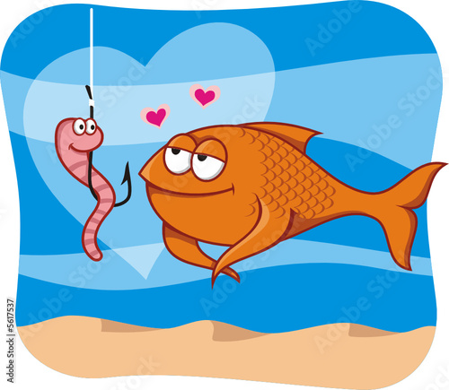 cartoon of fish and bait in love