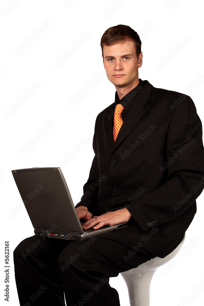 Business man with laptop on isolated background