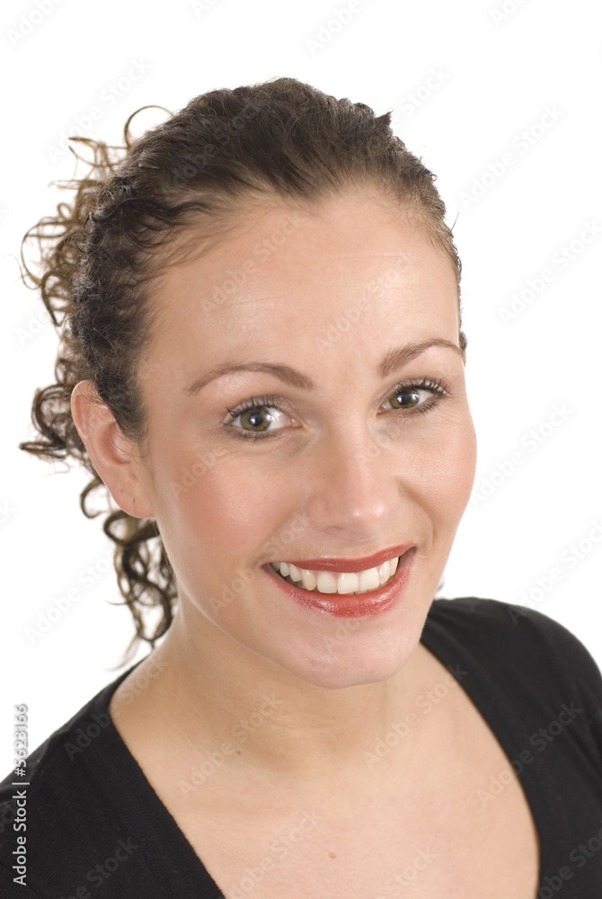a portrait of a beautiful lady smiling against white background a portrait of a beautiful lady smiling against white background