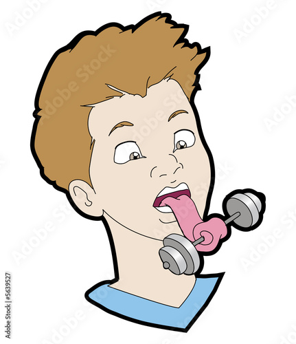 Canvas Print a kid lifting weight with his tongue