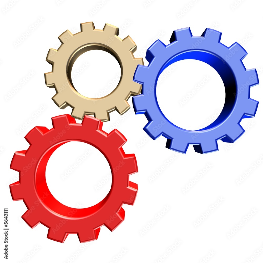 3D gears gold red and blue front view 3D gears gold red and blue front view