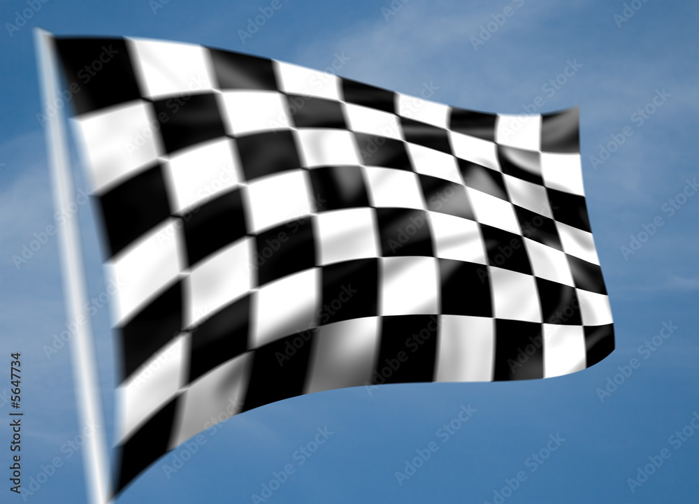Rippled black and white chequered flag with sky background