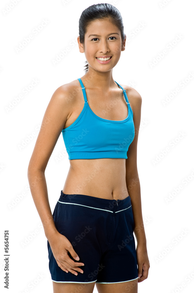 An attractive mixed-race woman in blue sportswear An attractive mixed-race woman in blue sportswear