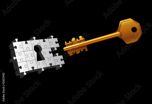 Vector key on black background with puzzle 