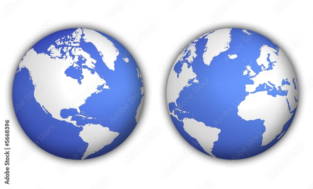 two different views of world globe with shadow
