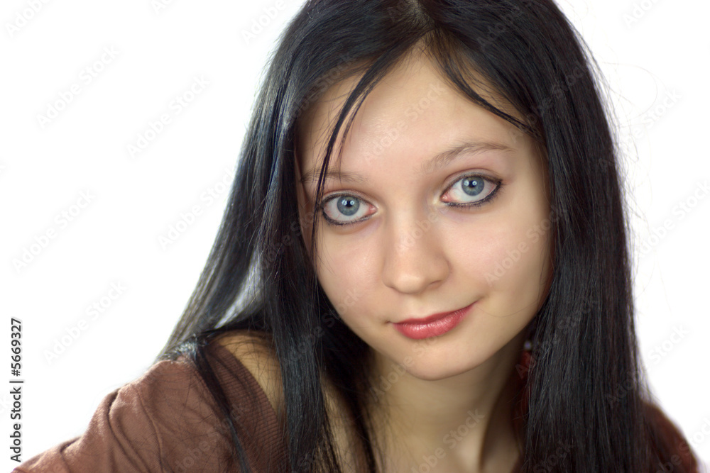 Portrait of beautiful young brunette woman isolated on white Portrait of beautiful young brunette woman isolated on white