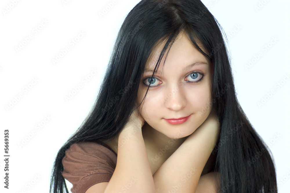Portrait of beautiful young brunette woman isolated on white Portrait of beautiful young brunette woman isolated on white