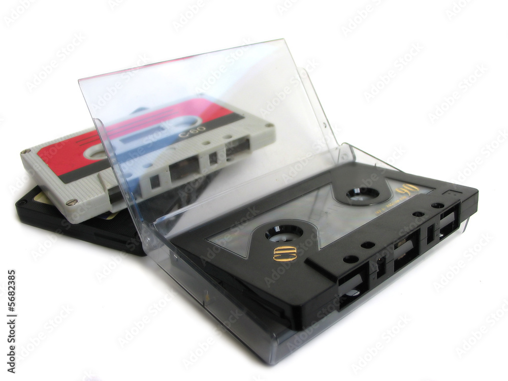 Cassette tape with cassette box on white background Cassette tape with cassette box on white background
