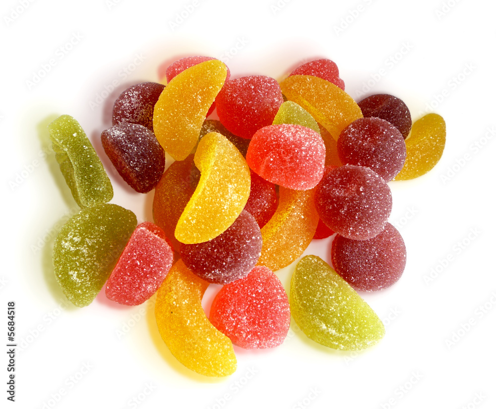 colorful fruit jellies on white background with shadows colorful fruit jellies on white background with shadows