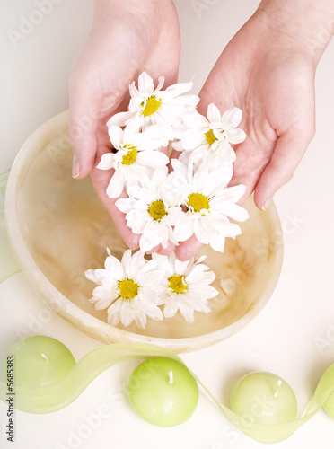 female hands in bowl full of water and flower