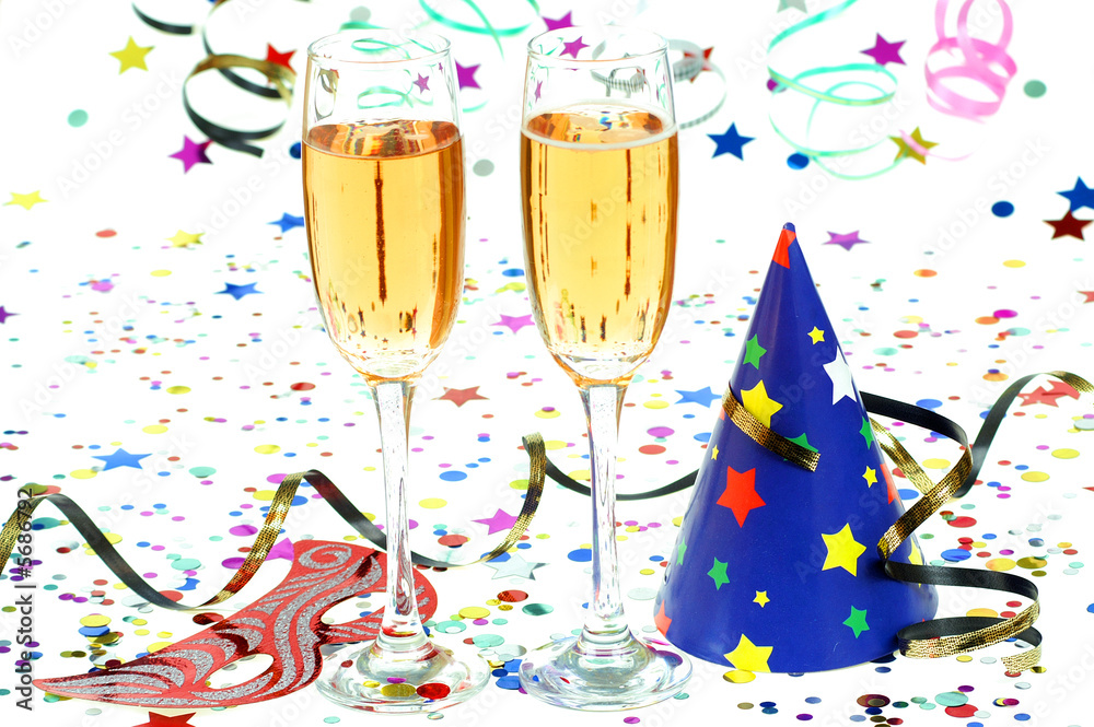 Party cap,mask ,drink and confeti on white background