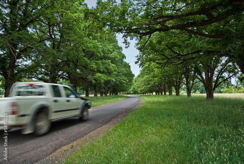a car zooms past on a pretty country road photo