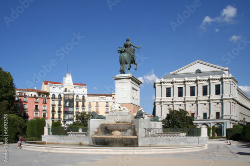 Oriente square with monument and opera-house in Madrid, Spain.