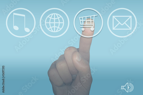 Internet shopping computer touch screen icon and hand