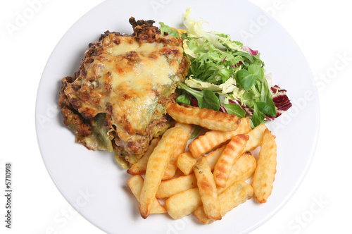 Lasagne Verdi with chips and side salad