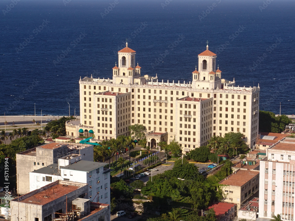 Top view of a modern building, seashore in Havana Cuba.