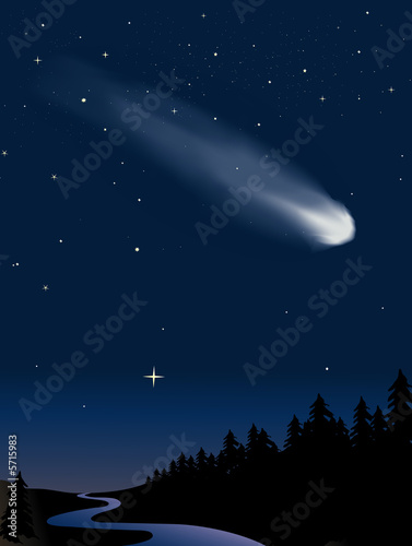 Comet in the night sky over the woods