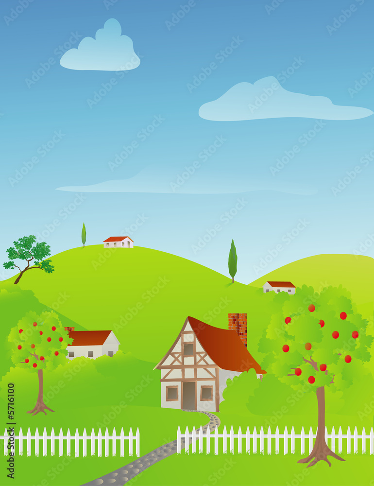 Rural spring scene with cottages and houses