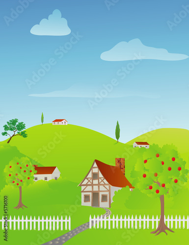Rural spring scene with cottages and houses