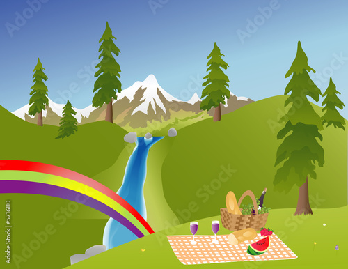 Picnic in the mountains with a rainbow by a waterfall