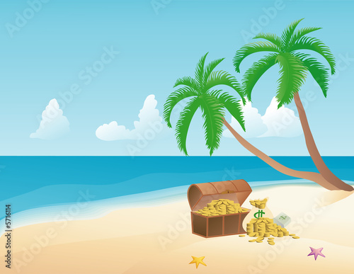 Pirate treasure on a tropical beach with palm trees