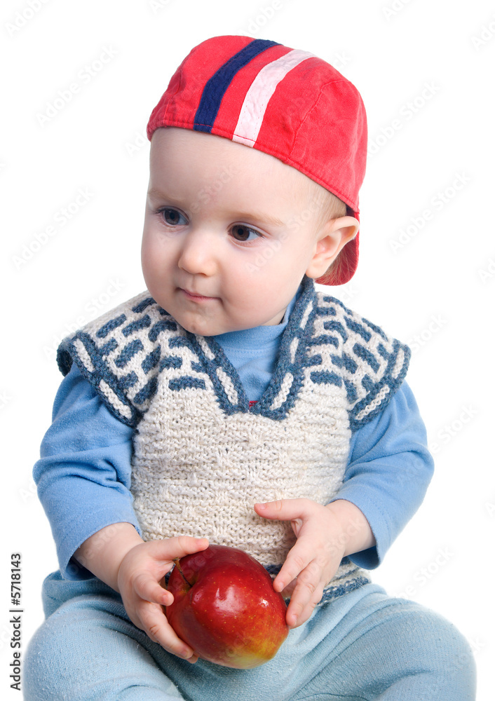Study of apple the by small boy, useful and tasty fruit Study of apple the by small boy, useful and tasty fruit