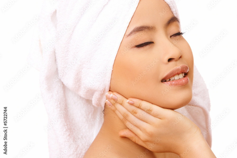 Fresh and Beautiful woman wearing white towel on her head Fresh and Beautiful woman wearing white towel on her head