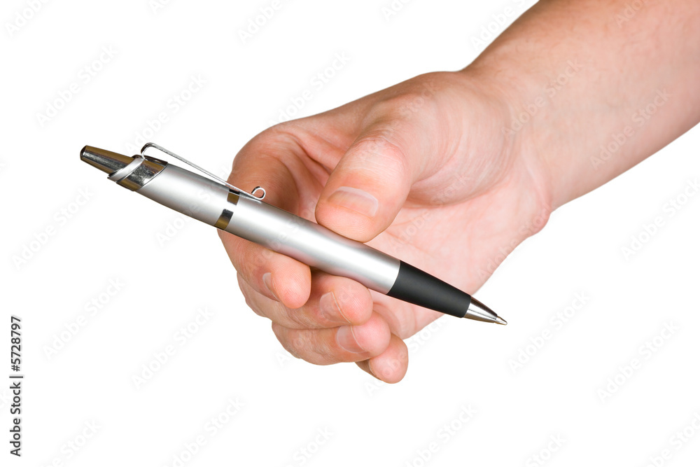Hand giving pen, isolated on white background Hand giving pen, isolated on white background