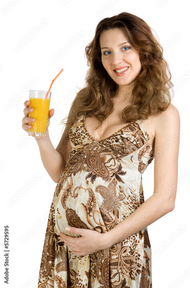 Happy pregnant woman drink juice. Isolate on white. Happy pregnant woman drink juice. Isolate on white.
