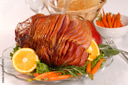 Brown sugar and honey glazed ham with carrots
