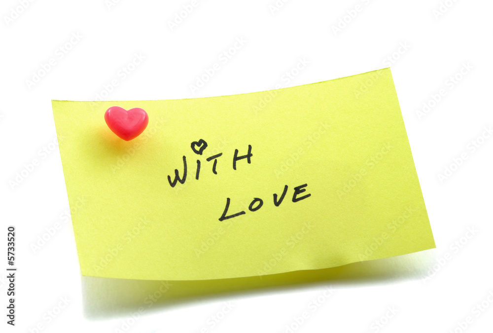 Yellow note paper with heart pushpin handwritten text, with love Yellow note paper with heart pushpin handwritten text, with love