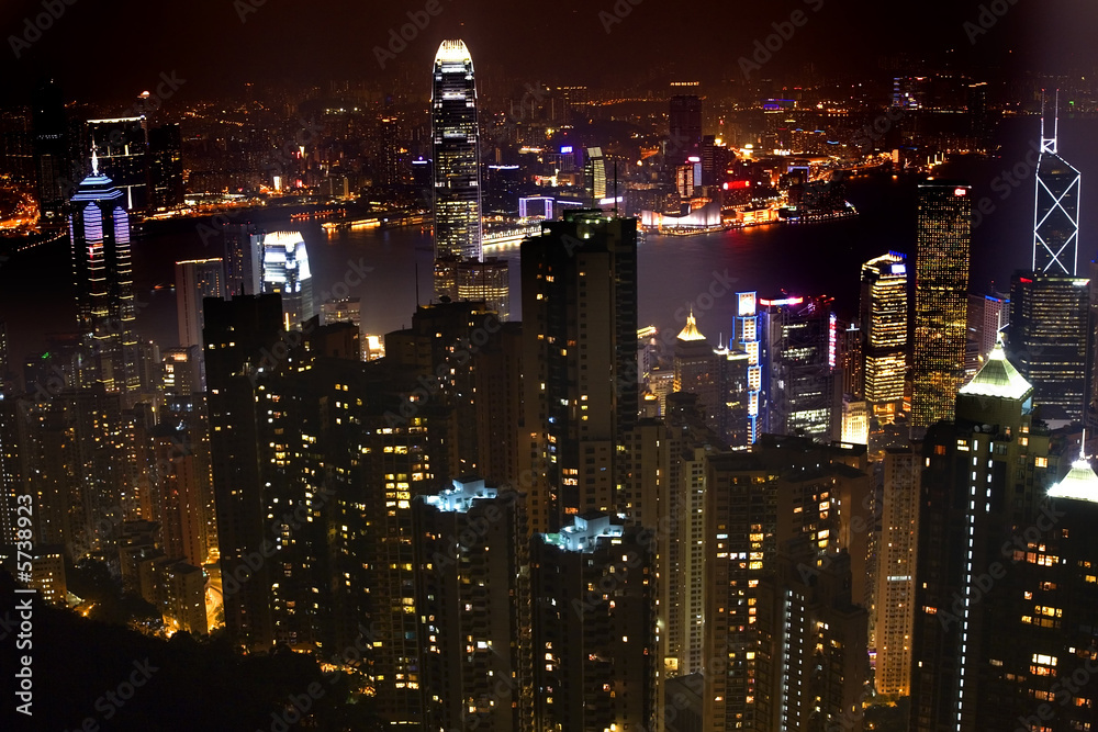 Hong Kong Skyline and Harbor from Victoria Peak at Night