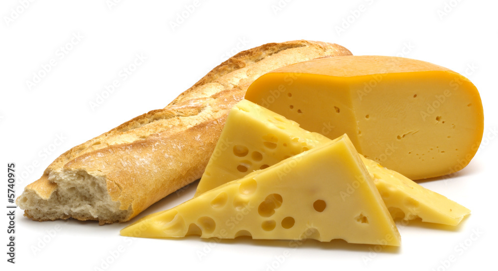 baguette and cheese  on white background 
