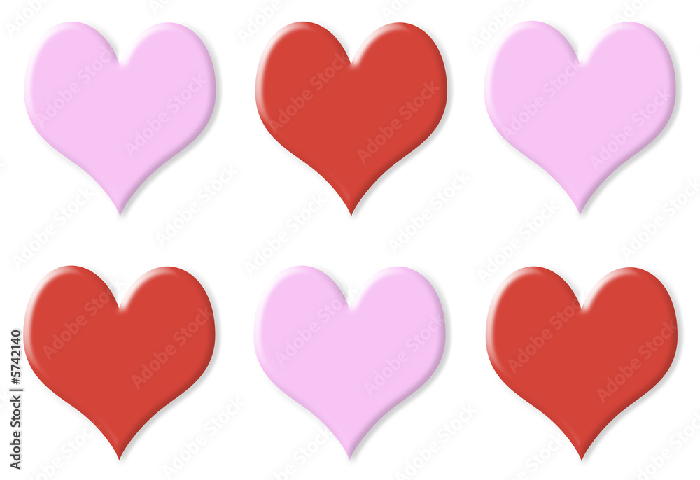 Six red and pink hearts isolated on white