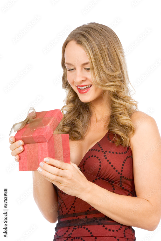 Attractive female excited by surprise Christmas present Attractive female excited by surprise Christmas present