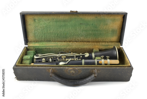 Antique Clarinet and Case Isolated on White Background