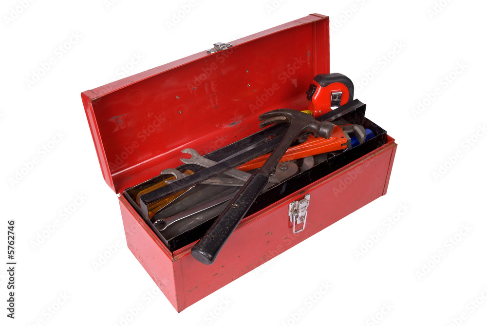Old used and rusty tools in a red toolbox Old used and rusty tools in a red toolbox