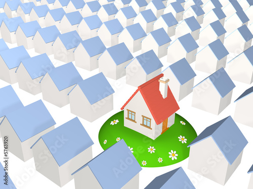 Photography 3d house on a hill,  worth among identical houses