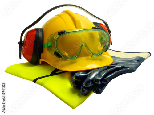 Various worker safety equipment or gear isolated on white photo