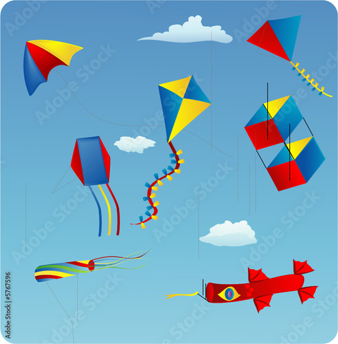 vector illustration of various kites in the blue sky
